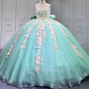 Gaun Pesta Jancember LSMU152 Hijau Mint Model Ball Gown Tanpa Tali dengan Hiasan Bunga 3D untuk Quinceanera dan Pernikahan dengan Pita di Belakang - Product Image 2