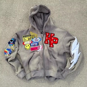 Sweat à capuche zippé surdimensionné pour homme en molleton bouclette français 500 g/m² de haute qualité, avec patch appliqué, effet vieilli vintage et délavé à l'acide, vente en gros - Product Image 1