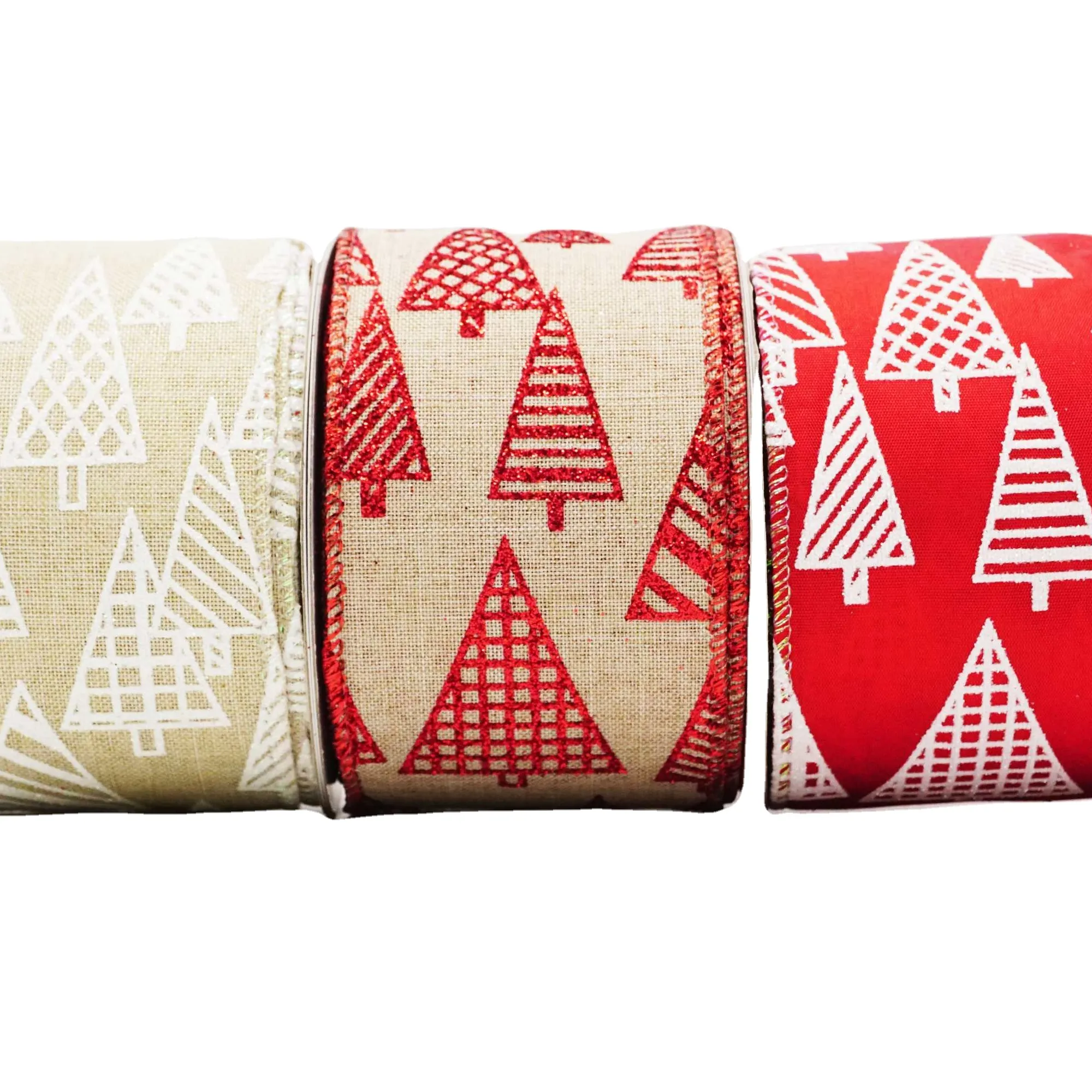 Jute Burlap gold red powder Polyester Ribbon Christmas Decoration Customized Pattern Printing tree DIY Crafts