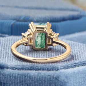 Bague de fiançailles vintage pour femme, anniversaire de mariage, coupe émeraude, agate verte mousse, or jaune 925, moissanite, anneaux en CZ - Product Image 3