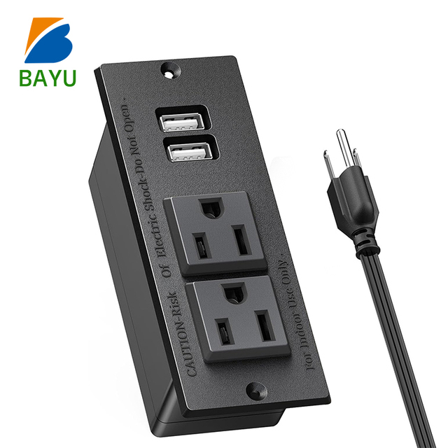 US Standard Recessed Power Strip USB Fast Charge Desktop with 2 AC Power Outlets 2 USB Hidden Power Socket Black for Home Office