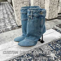 Bottines à talons irréguliers personnalisées pour femmes, en denim western, bout carré, courtes, à enfiler, antidérapantes, pour l'automne et l'hiver