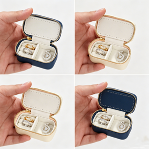 Eco-friendly <b>Mini</b> Rectangle Jewelry <b>Box</b> PU Leather Gold Zipper Dual Compartment Portable Pocket - Product Image 1