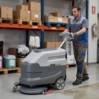 Nettoyeur de sols autoporté de 380 mm de largeur de nettoyage, alimenté par batterie 24V45Ah, 1500 ㎡ Efficacité pour les petits entrepôts