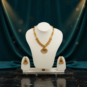 Traditional gold <b>necklace</b> <b>set</b> with temple design pearls and gemstone pendant bridal ethnic jewelry elegant handcrafted style - Product Image 4