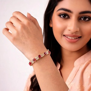 24K Gold Plated Brass Oval Zircon Bangle <b>Bracelet</b> <b>Red</b> and Clear Stone Women Jewelry Wedding Wear - Product Image 2