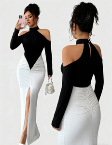 <span class=keywords><strong>Robe</strong></span> longue d'été tendance Y6073 pour femme, décontractée, élégante, sexy, ajustée, à col licou, couleur contrastante, froncée, pour soirée - Product Image 2