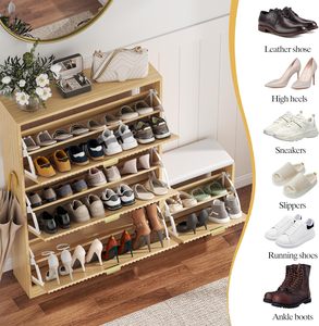 <span class=keywords><strong>Meuble</strong></span> <span class=keywords><strong>à</strong></span> chaussures moderne en bois cannelé avec 4 <span class=keywords><strong>tiroirs</strong></span> rabattables, banc autoportant étroit et fin, imperméable, écologique, rangement dissimulé pour chaussures - Product Image 3