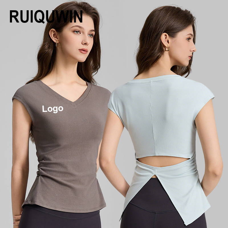 RUIQUWIN 2026 New Women's V Neck Yoga Tops Solid Color Loose Breathable Yoga T-Shirts Ruched Hollow Out Slim Sports Short Sleeve
