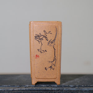 Pot à bonsaï carré en argile violette fait main avec motif d'oiseau et de branche sculptés pour plantation sur bureau - Product Image 1