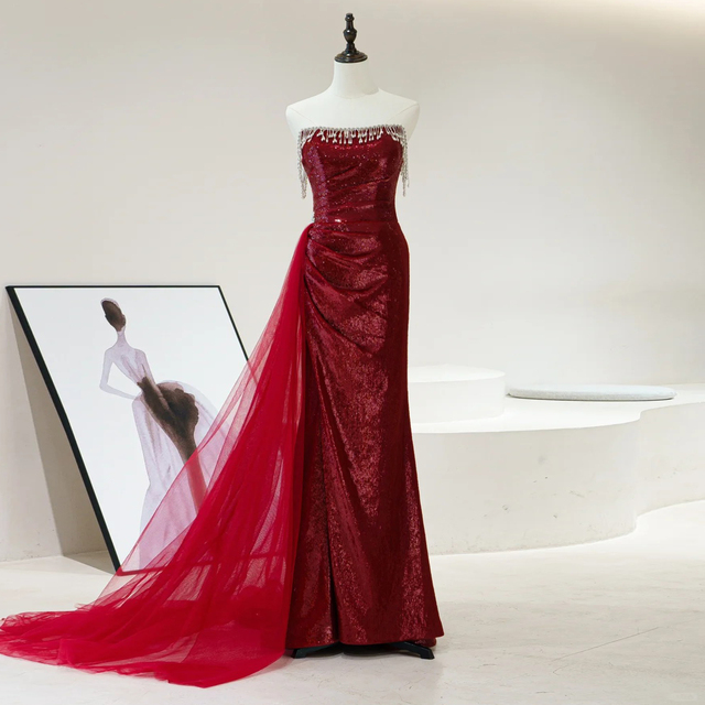 High Quality  Red Sequins Formal Occasion Gown With Pearls  for Women A-line Long Train Evening Party Dress