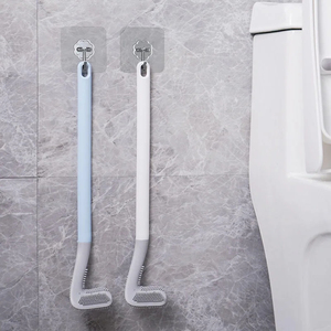 Brosse de nettoyage en silicone à long manche pour toilettes, WC, cuvettes de toilettes, salle de bain, et pour le nettoyage des surfaces à hauteur de genoux, avec crochet mural - Product Image 2