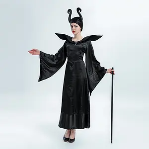 大人の女性ハロウィーン黒邪悪な魔女の衣装とホーン怖いピエロ人形のコスプレ衣装