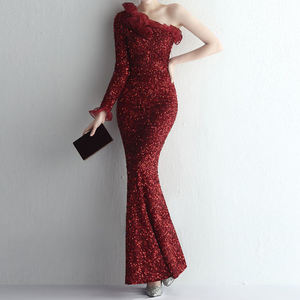 فستان سهرة نسائي أنيق بأكمام واحدة بطراز ساطع فستان حفلة عصري جديد مع خصر طبيعي للحفلات - Product Image 5