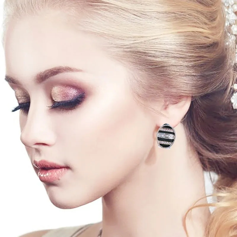 Custom Classic pave CZ cubic zirconia diamond oval Jewelry accessories black enamel stripes women earrings