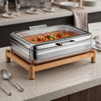 Plat de service rectangulaire professionnel en acier inoxydable, ensemble chauffe-plats de luxe avec base en bois pour hôtels