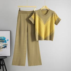 Ensemble de vêtements en tricot pour femmes, haut à col en V avec patchwork, pantalon large, tenue décontractée, jaune beige, taille 30-50 - Product Image 1