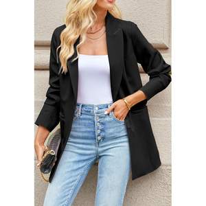 2025 Women's Knitted Long Blazers Business Casual Dressy Work Professional Office Outfits Lapel Pockets Jacket - Product Image 3