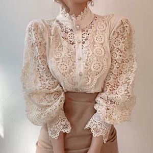 Women's Gothic Casual Long-Sleeve Lace Blouse French Stand Collar Button Hollow Flowers Solid Color <b>Patchwork</b> <b>Tops</b> Summer - Product Image 1