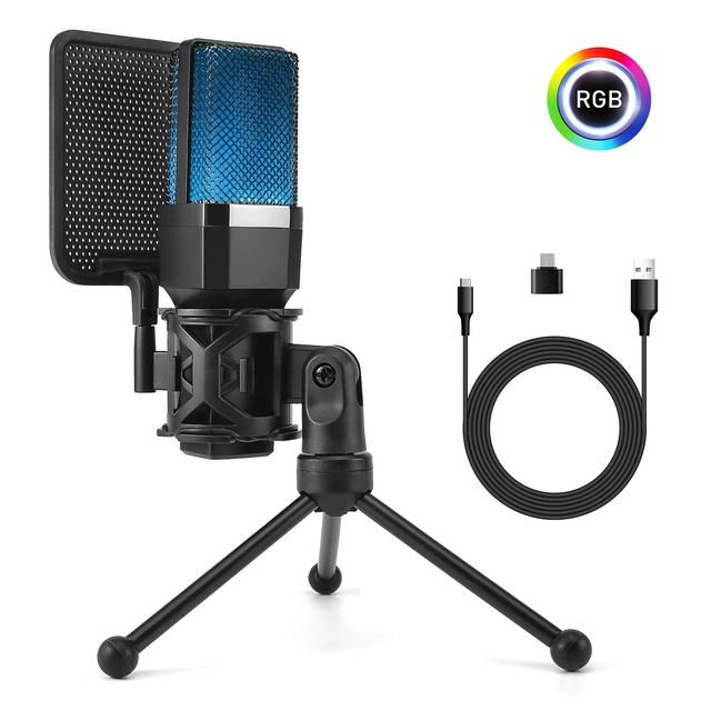 Professional USB Gaming Microphones for Podcasts Videos Streaming Condenser Quick Mute Tripod Stand Pop Filter RGB Shock Mount