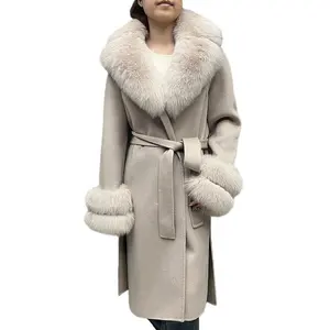 Женское длинное шерстяное кашемировое пальто с воротником из натурального меха