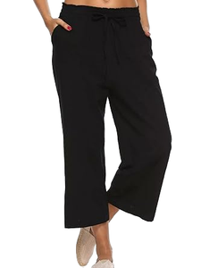 Pantalones de Mujer de Cintura Alta, Pierna Ancha, con Cordón, Largos hasta el Tobillo, Color Negro Sólido, Tejido de Algodón, Corte Holgado Informal, para Verano - Product Image 3