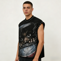 Camiseta sin mangas vintage para hombre, 300 g/m², con remaches, estampado gráfico de retrato, cuello redondo, estilo casual, venta al por mayor