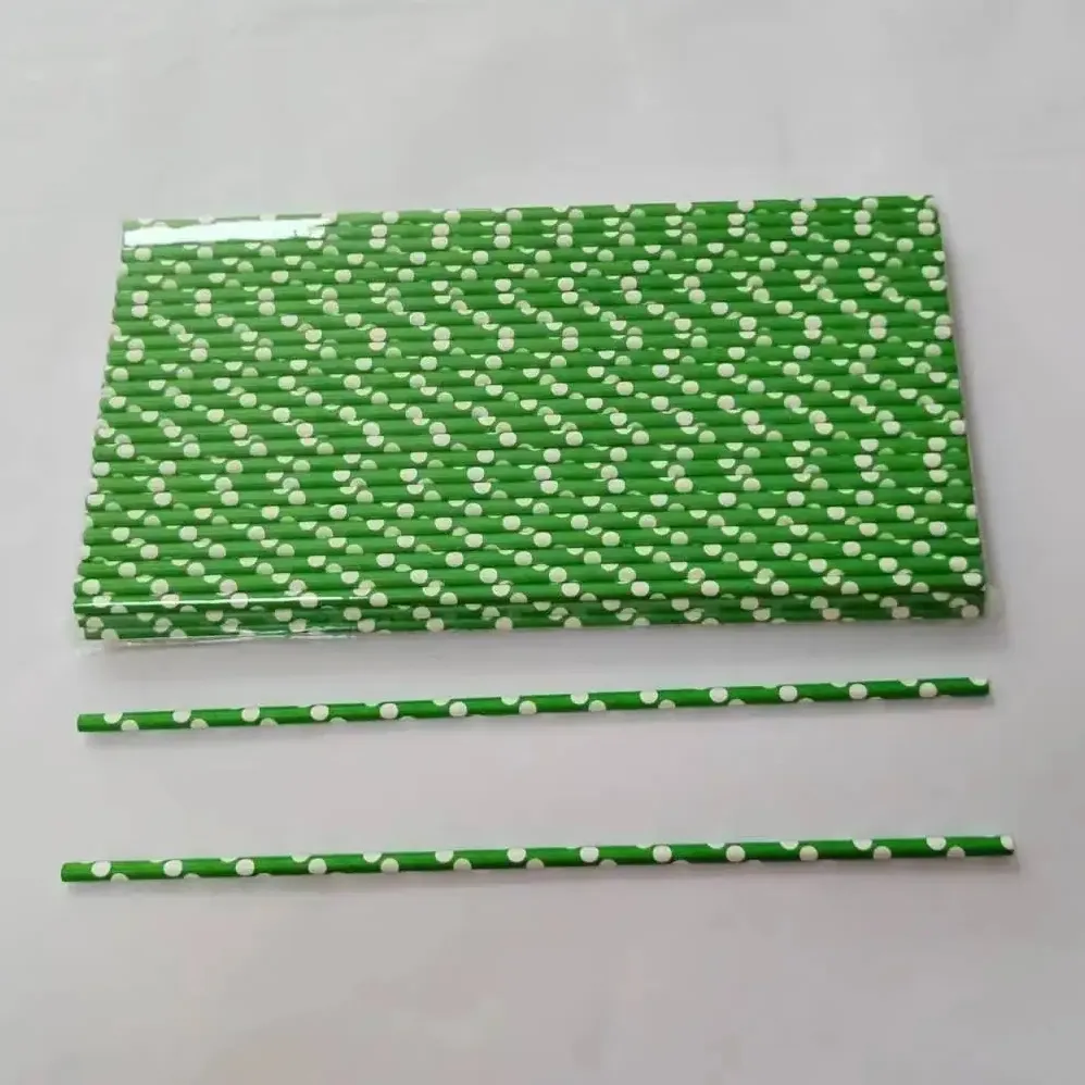 6x305mm Green White Polka Dot Drinking Paper Straws for Cotton Bar