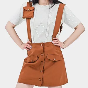 Fashion 2024 Women Overalls Skirt Elegant Orange Button Pocket Mini Strap Skirt For Women