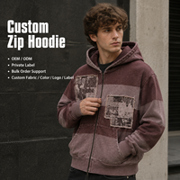Vente en gros de sweats à capuche zippés pour hommes, style streetwear vintage, en molleton de coton épais, délavé à l'acide, patchwork, effet usé et ourlet brut