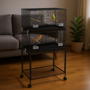 Jaula Doble Apilable para Pájaros con Soporte y Ruedas para Canarios, Jaula Pequeña para Mascotas, Diseño Moderno para Interiores, Estructura de Alambre de Hierro con Recubrimiento en Polvo - Product Image 2