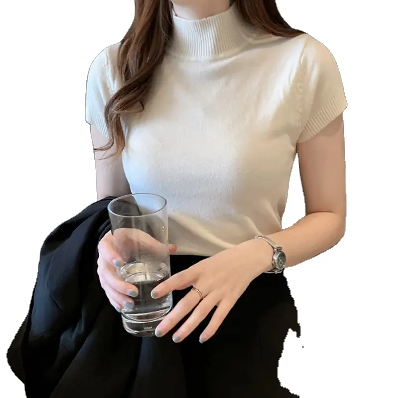 Knitt Short sleeved T-shirt Women New Half Turtleneck Stretch Knitted Tshirt office Solid Female Tops