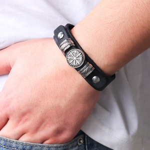 Men's Genuine <b>Leather</b> <b>Bracelet</b> With Compass Snowflake Design Punk Style Jewelry Gift For Men Black Brown Red Green Colors - Product Image 2