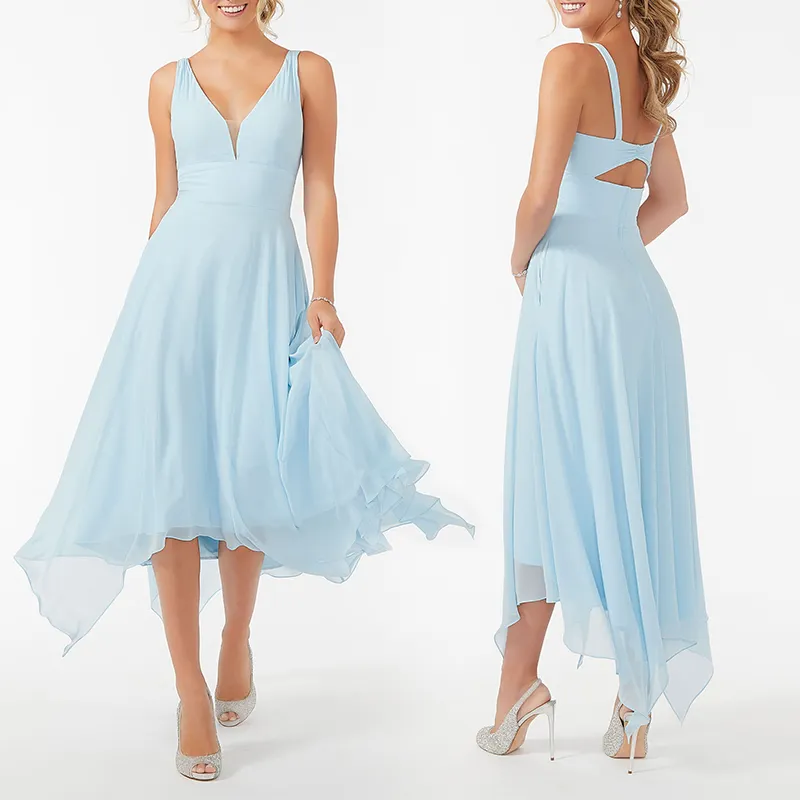 Designer Dresses Women V Neck Sleeveless Chiffon Blue Midi A-line Wedding Bridesmaid Dress
