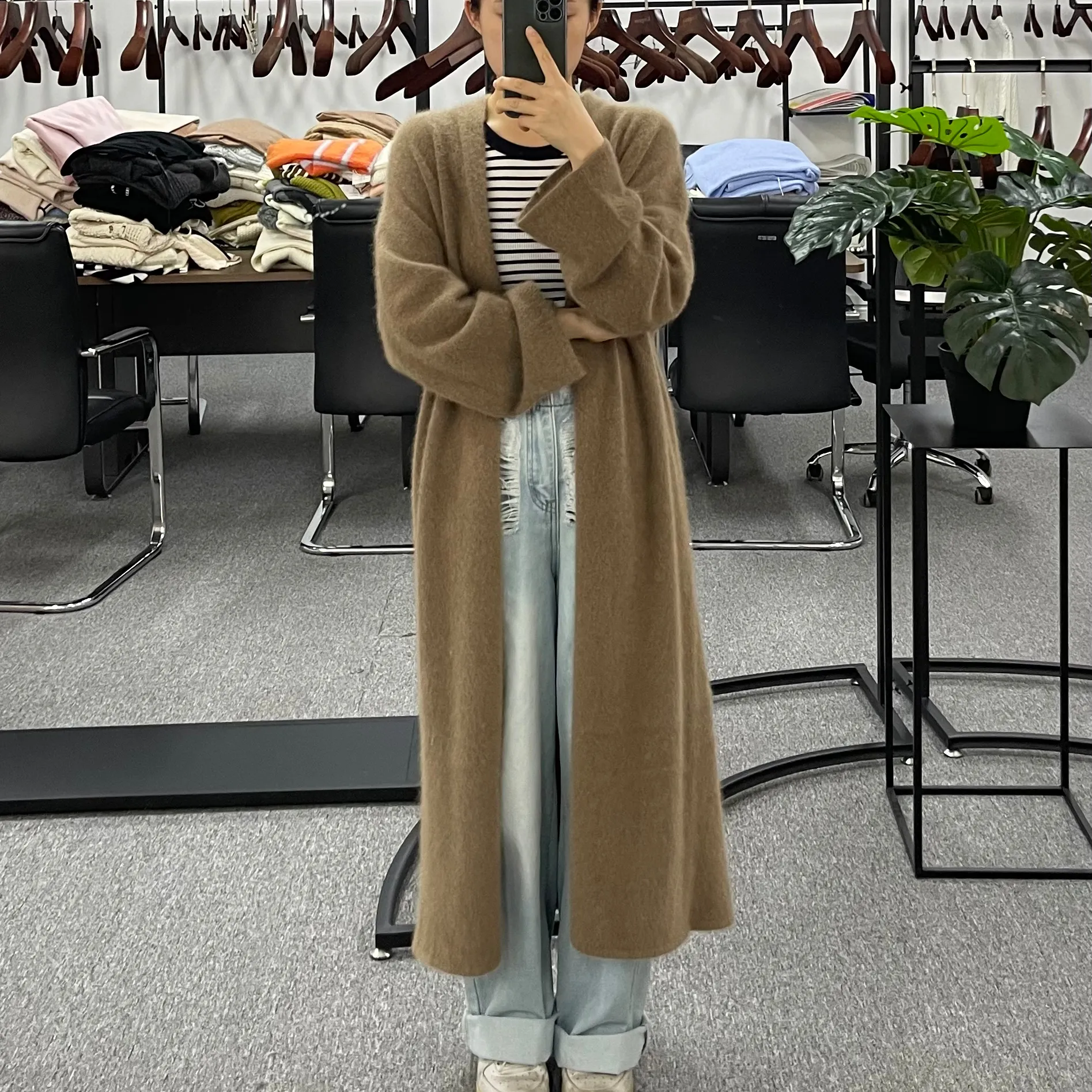 Kingsun OEM ODM Custom LOGO casual korean style 2022 winter fall extra long cashmere merino wool mohair sweater long cardigan