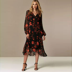 /...Lancai 2021 última moda mujer negro gasa elegante estampado Floral Maxi vestido de fiesta de manga larga - Product Image 1