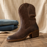 Bottes de cowboy western marron pour femme en cuir véritable, mi-mollet, bout rond, à enfiler, brodées, style rétro country