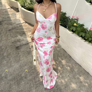 Women's Pink Floral Print Halter Maxi Dress Sexy Backless <b>Tie</b> Straps Long Dress Summer Boho Beach Party Evening Gown 2026 - Product Image 2