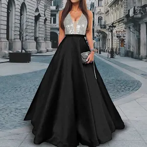 Sequined Satin Waist Long Deep V Back Party Prom Dress