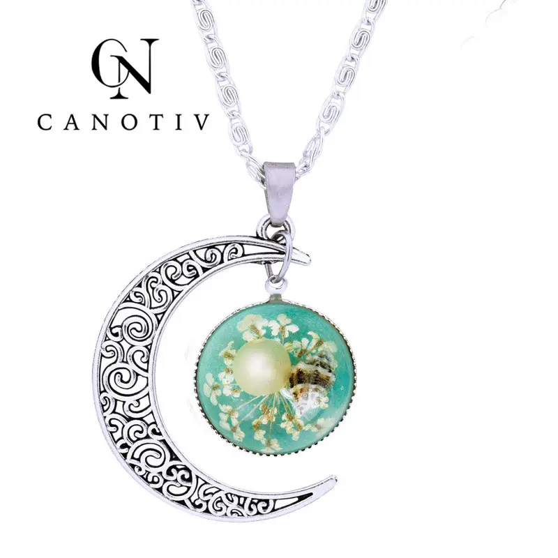 Fashion Dried Flower Jewelry glass cabochon pendant Natural Sunflower necklace For Women