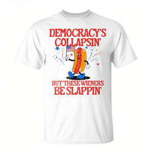 T-shirt Fourth Of July Weiner, design humoristique politique, rouge, blanc, bleu, étoiles scintillantes, manches courtes, col ras du cou unisexe, pour adulte - Product Image 3