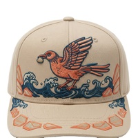Gorra Snapback ELVN China Chic con Bordado de Ondas y Pájaros, Color Caqui, Visera Plana, Unisex, Estilo Urbano para Fiestas Nocturnas
