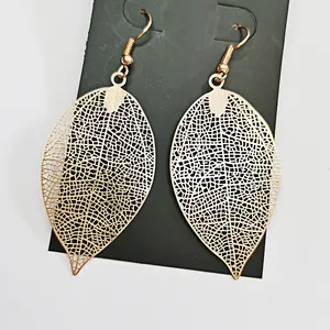 Fashion Trendy Gold Metal Filigree Leaf Stamping Brass Earrings For Women Ladies Young