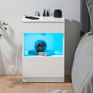 Mesita de noche inteligente de diseño moderno, mesitas de noche con <span class=keywords><strong>2</strong></span> cajones y estación de carga, luces LED ajustables y altavoz