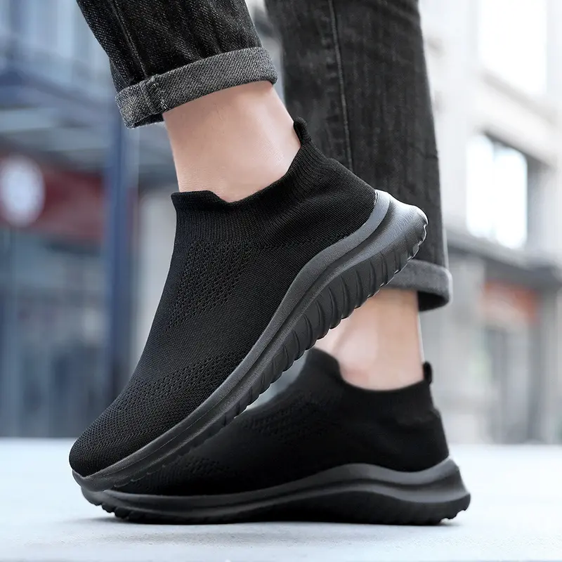 Hot Sale MD Sole Knitting Upper Breathable Mesh Men'S Black Walking Loafers Sock Sneakers Shoes For Man Black Loafers