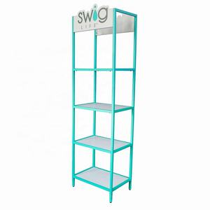 Estante de exhibición de bebidas de pie de madera y metal MDF de 4 niveles con recubrimiento de polvo azul personalizado al por mayor para supermercado - Product Image 4