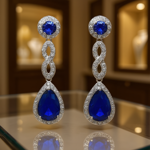 Orecchini Pendenti Blu Zaffiro E1953 da Donna con Cristalli Strass Taglio a Pera, Gioielli alla Moda per Matrimonio, Montatura in Lega di Zinco - Product Image 2