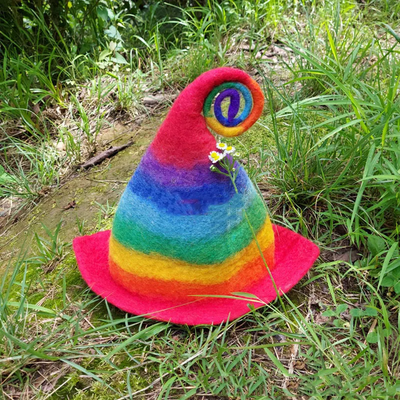 Source factory woolen felt elf hat Rainbow top hat Curled-up Wizard fairy hat features handmade finished products