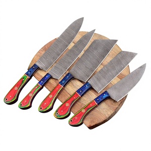 Ensemble de 5 couteaux de cuisine en acier Damas, forgés à la main, avec manche en résine colorée - Product Image 1