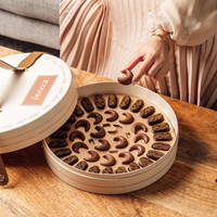 Boîte à pâtisserie de luxe en papier avec poignée en cuir et logo personnalisé, double chocolat et dattes, emballage rond pour Ramadan, boîte cadeau pour chocolats et bonbons